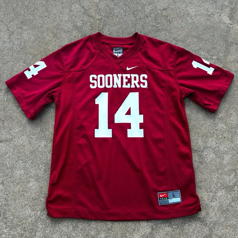 Nike Oklahoma Sooners #14 Football Jersey NCAA Football Red/White Youth Large